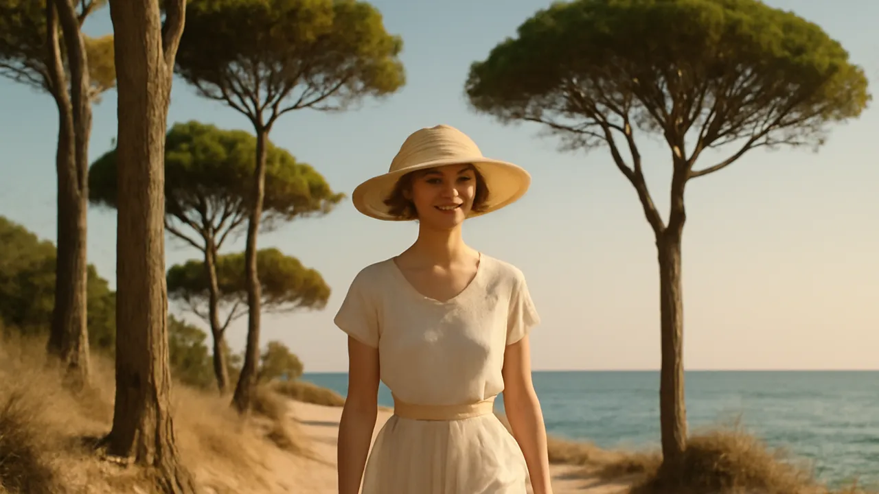 Femme en robe claire et chapeau marchant sous les pins parasols près de la mer à Juan-les-Pins